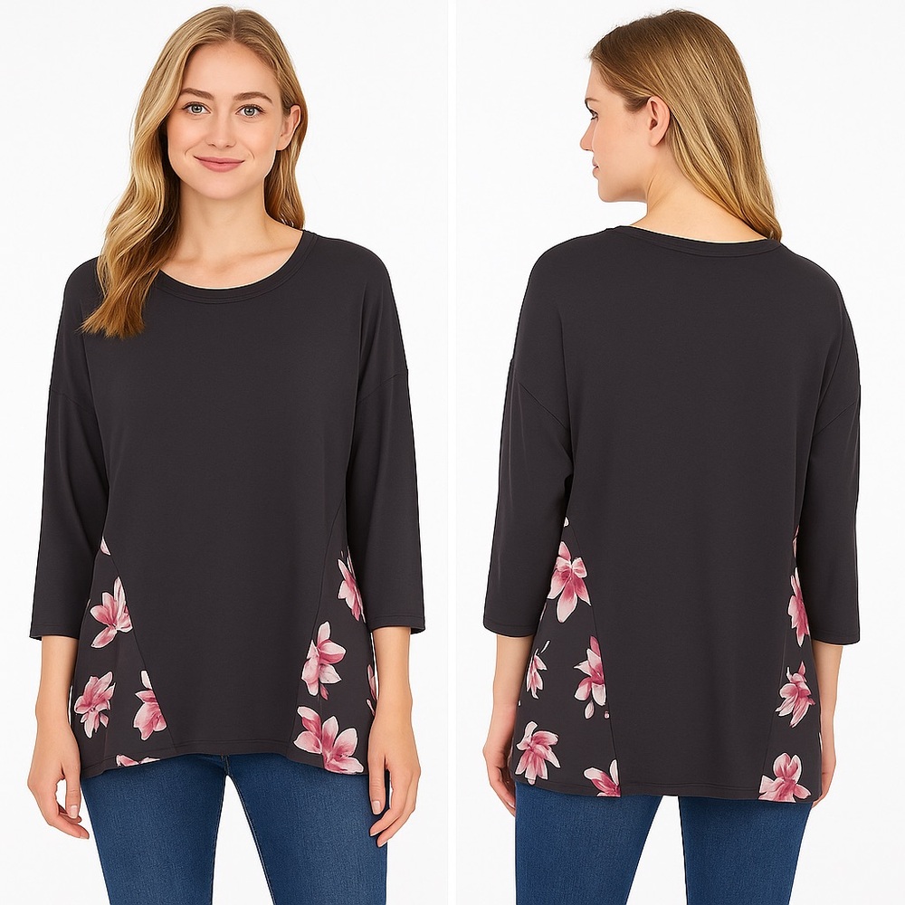 Maurices Gray Floral Mixed Media 3/4 Sleeve Blouse Top Women’s Size Small